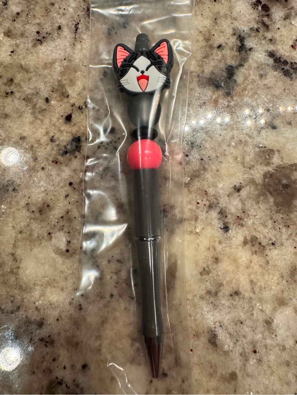 Hand Crafted Gray Cat Head Ballpoint Pen with Pink Accent